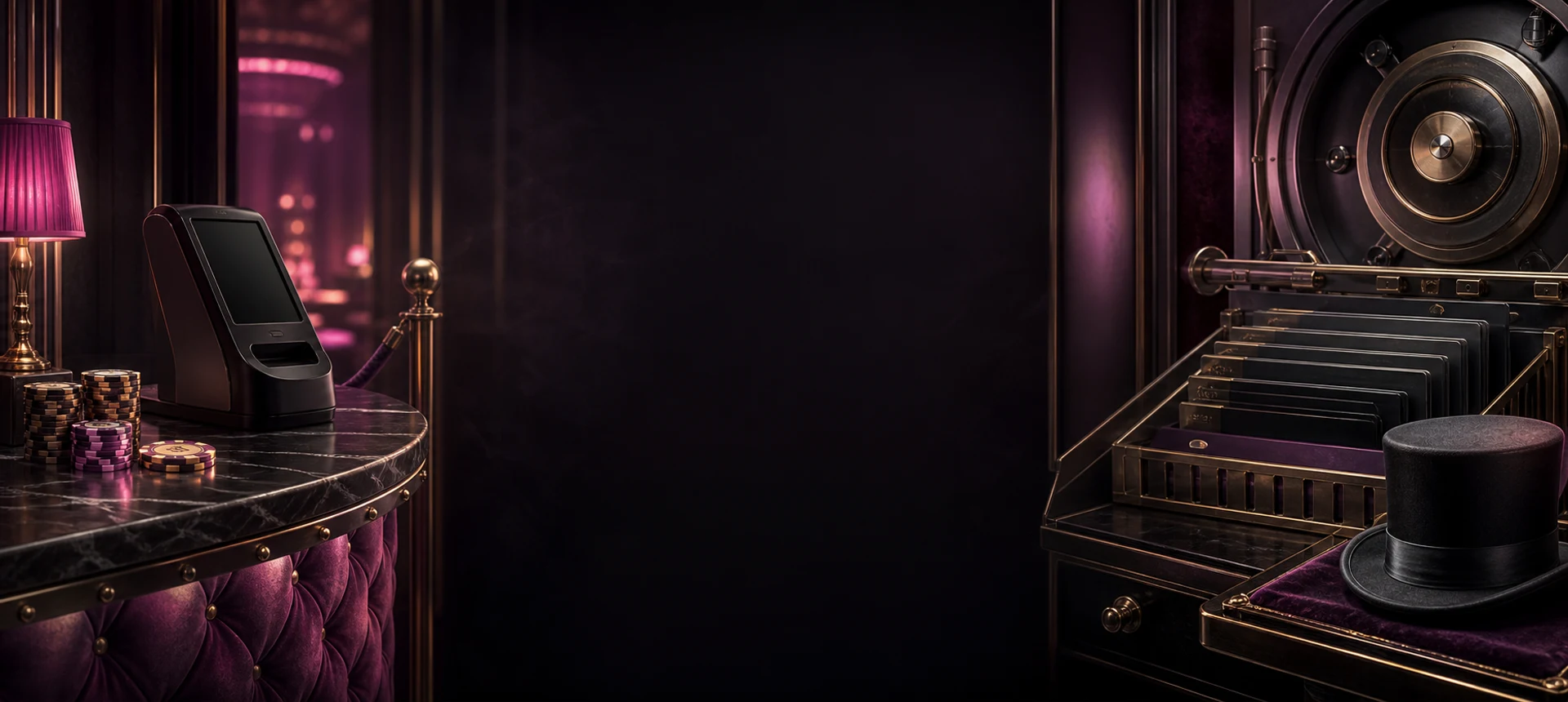 Velvet casino cashier, blank terminal and brass withdrawal vault